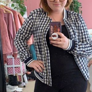 Navy Blue Gingham Bomber Jacket